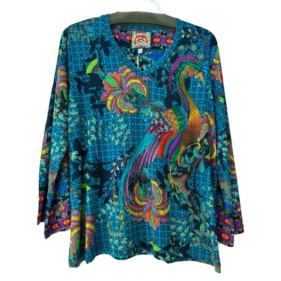 Johnny Was Janie Favorite Thalassa Kimono Peacock Floral Tee Shirt Blue Top NEW - Picture 6 of 8